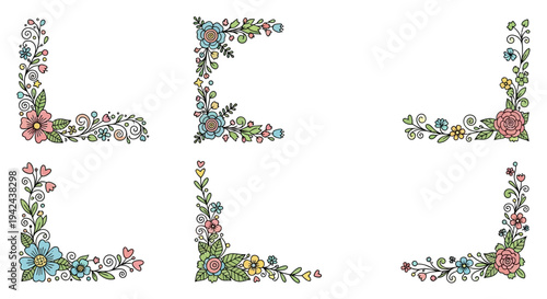 Floral letter elements with decorative corners on transparent background silhouette