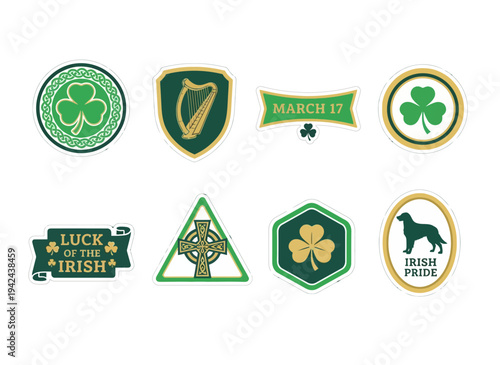 Collection of irish themed stickers and badges on transparent background silhouette