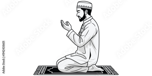 Prayer silhouette illustration, spiritual devotion artwork, cultural faith design tribute, religious practice graphic, traditional worship concept, Islamic spirituality theme flat vector illustration