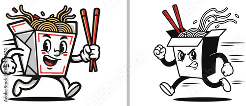 A side-by-side illustration of two takeout box characters: one happy and holding chopsticks while running, and the other with a fierce, determined expression rushing forward.