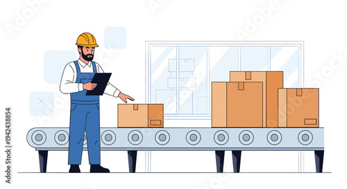 Warehouse worker in blue overalls and a hard hat checking inventory on a conveyor belt with multiple cardboard boxes in a logistics center.