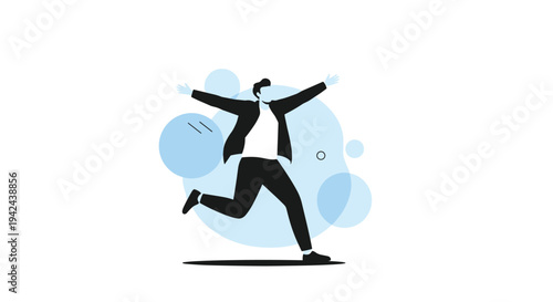 Happy man in a jacket running or jumping with arms wide open symbolizing freedom success and positive energy against a modern blue background.