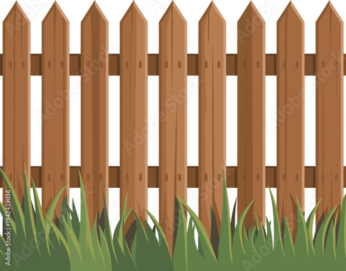 Wood picket fence with grass vector on white background.