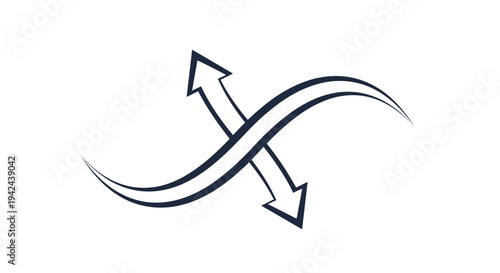 Two arrows crossing in a curved swirling motion representing exchange movement flow or a dynamic direction change in a simple graphic style.