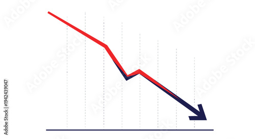 Red and blue line graph with an arrow pointing down representing a financial loss economic recession or decreasing sales performance over time.