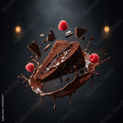 Luxury Chocolate Dessert Levitation with Floating Cocoa and Berries
