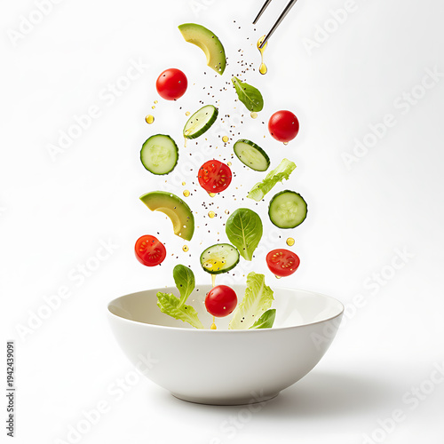 Healthy Salad Levitation with Fresh Floating Vegetables