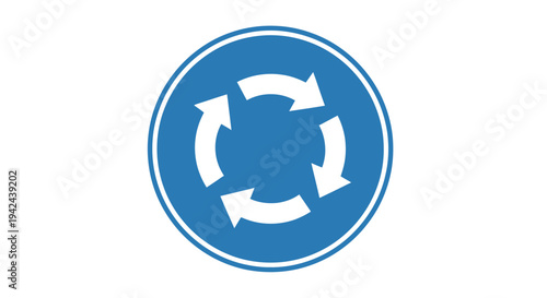 Blue circular traffic sign with white arrows for roundabout