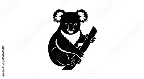 Black silhouette of a koala bear clinging to a tree branch.