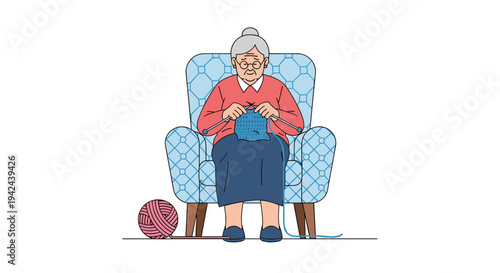 Senior woman sitting in a blue patterned armchair knitting with needles while a ball of pink yarn sits on the floor.