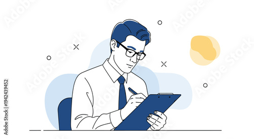 Male professional wearing glasses and a tie concentrated on writing notes on a blue clipboard in an office setting.