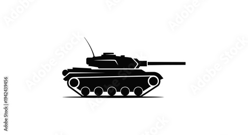 Black silhouette of a military tank on a white background.