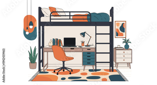 Interior design of a cozy studio apartment featuring a loft bed over a desk area with a laptop and potted plants.