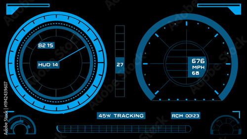 Futuristic heads up display showing speed tracking and digital instrumentation