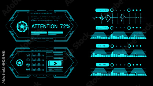 Futuristic user interface elements with data visualizations and attention indicator