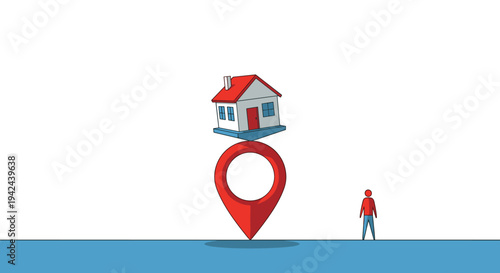 Small residential house balanced on top of a large red map location pin to represent real estate find and search.