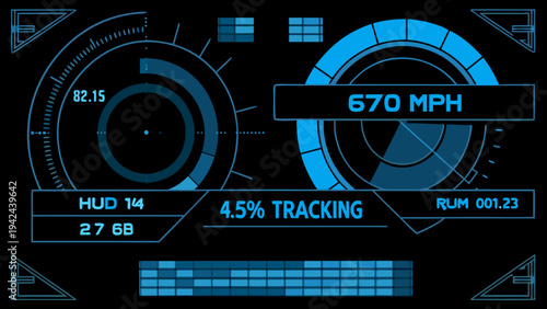 Futuristic heads up display showing speed tracking and system data