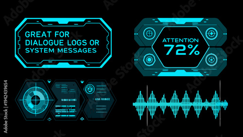 Futuristic user interface elements with dialogue logs and attention indicators