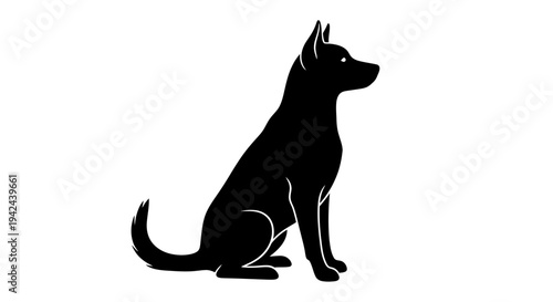 Black silhouette of a sitting dog with pointed ears and a tail.