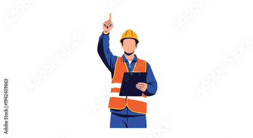 Professional engineer in a yellow hard hat and orange safety vest holding a clipboard while pointing his finger up.