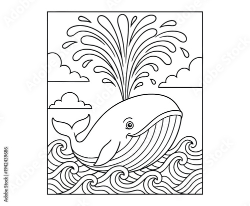 Big whale coloring page showing huge water fountain spray and wavy ocean waves for kids fun