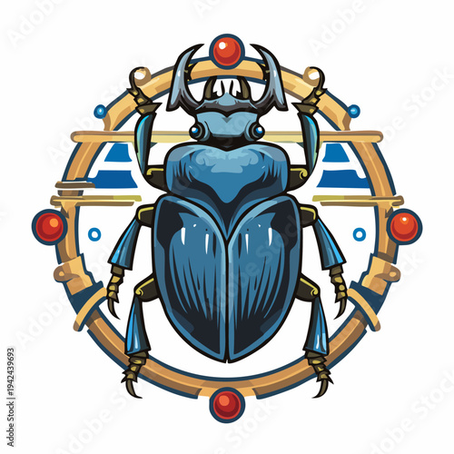 Blue scarab beetle in ancient decorative golden circular frame