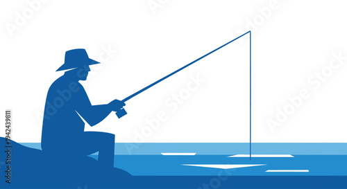 Blue silhouette of man fishing with rod in water