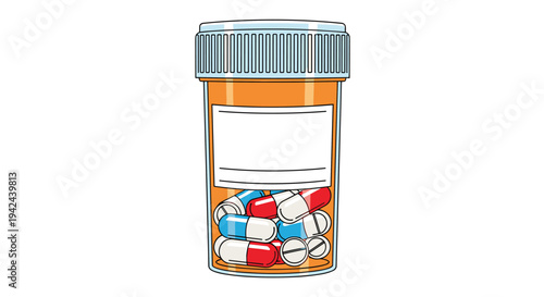 Transparent orange plastic pill bottle filled with various multi-colored medicine capsules and round white tablets.