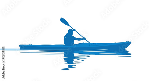 Blue silhouette of person kayaking on water with reflection