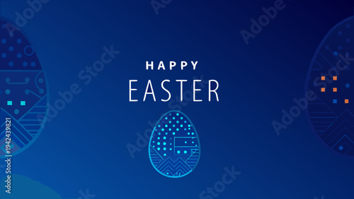 Happy easter greeting with geometric patterned eggs on a blue background