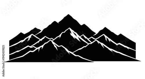 Black silhouette of majestic mountain range peaks.