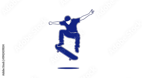 Blue silhouette skateboarder jumping a trick on white background
