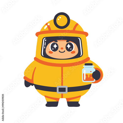 Scientist in yellow hazmat suit holding laboratory sample jar