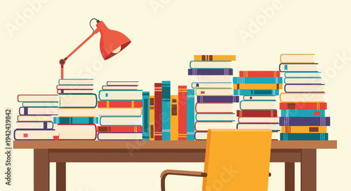 Wooden desk piled high with stacks of colorful books under a red desk lamp to symbolize heavy studying or research work.