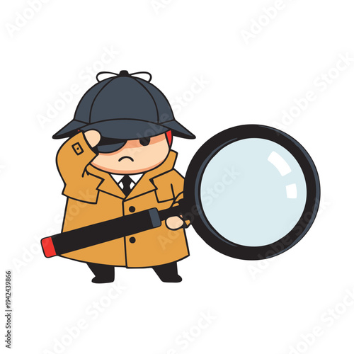 Mysterious detective character with magnifying glass and trench coat