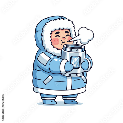 Cute character in blue winter parka holding hot drink canister in cold weather