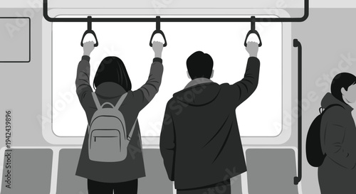 Passengers standing on a public transit train holding onto hand straps for support during a commute in gray-scale tones.