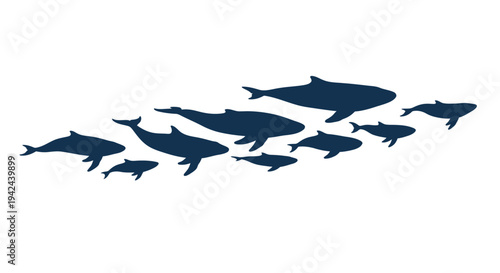 Blue whale and dolphin silhouettes swimming together in a group