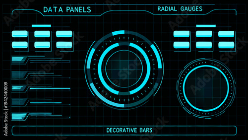 Futuristic user interface elements with data panels and radial gauges displayed
