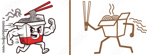 Two running noodle box mascots side-by-side. One is a muscular, fierce character with red accents and a determined look; the other is a minimalist brown stick-figure style holding giant chopsticks.