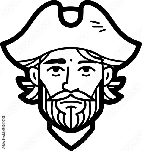 Hand Drawn Male Pirate Black and White Avatar Illustration in Minimal Line Art Style Design
