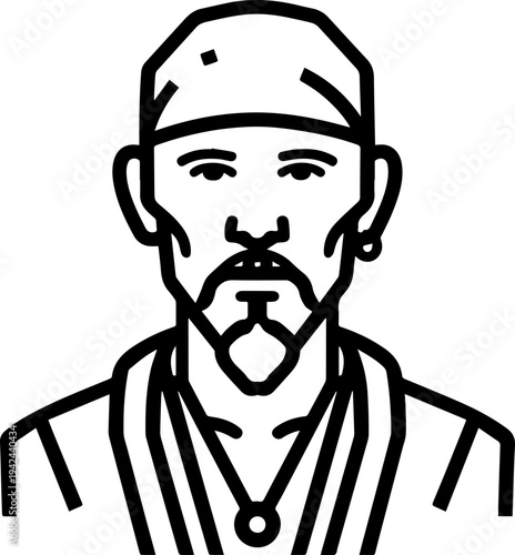 Hand Drawn Male Pirate Black and White Avatar Illustration in Minimal Line Art Style Design
