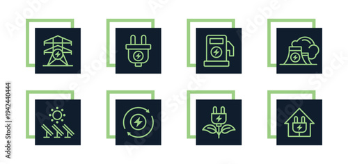 Electricity, eco energy, electric vehicle, renewable energy, solar energy Icons pack for website, apps and UI interfaces