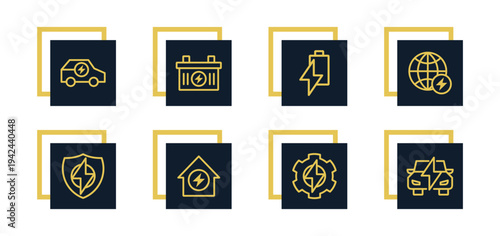 Solar panel, battery power, energy storage, charging station, power plant Icons pack for website, apps and UI interfaces