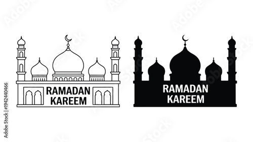 Ramadan Kareem mosque vector graphics, Islamic architecture illustration with crescent moon and minarets, celebration of Ramadan and Eid, religious and cultural symbol, clean flat vector design.