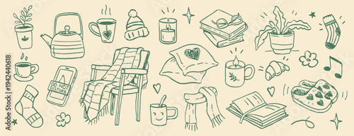 Cozy hygge lifestyle doodle set with home comfort elements: tea, blanket, books, candle, chair, plants and socks. Doodle illustration for autumn, winter mood, relaxation, home routine and self care.