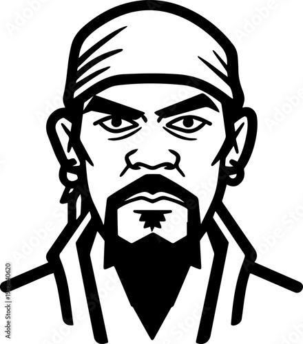Hand Drawn Male Pirate Black and White Avatar Illustration in Minimal Line Art Style Design