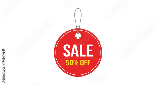 Red vector graphic illustrating a circular sale tag with fifty percent off.