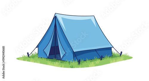 Simple blue camping tent illustration set up outdoors on green grass