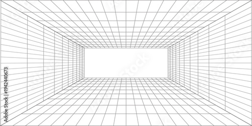 3d wireframe grid room. 3d perspective laser grid 16 9.. Cyberspace blue background with white mesh. Futuristic digital hallway space in virtual reality. Vector illustration.